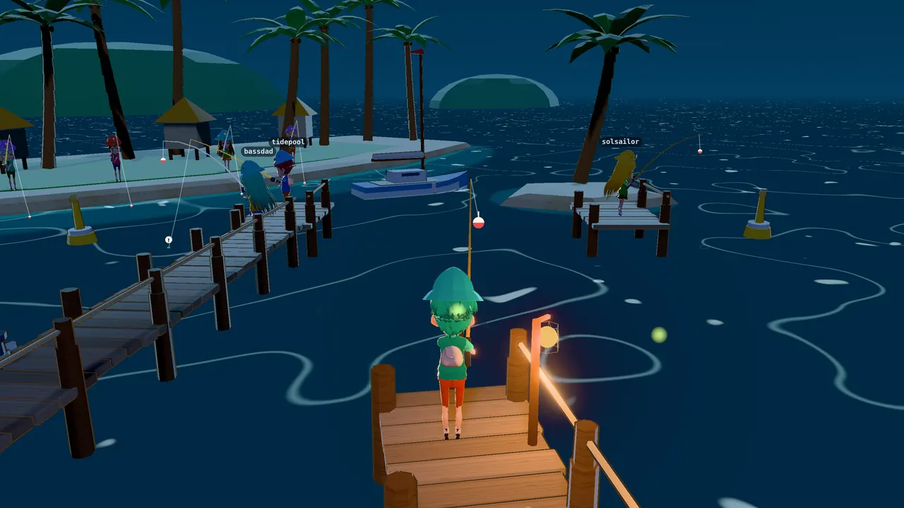 The pier at night under lanterns, other anglers fishing